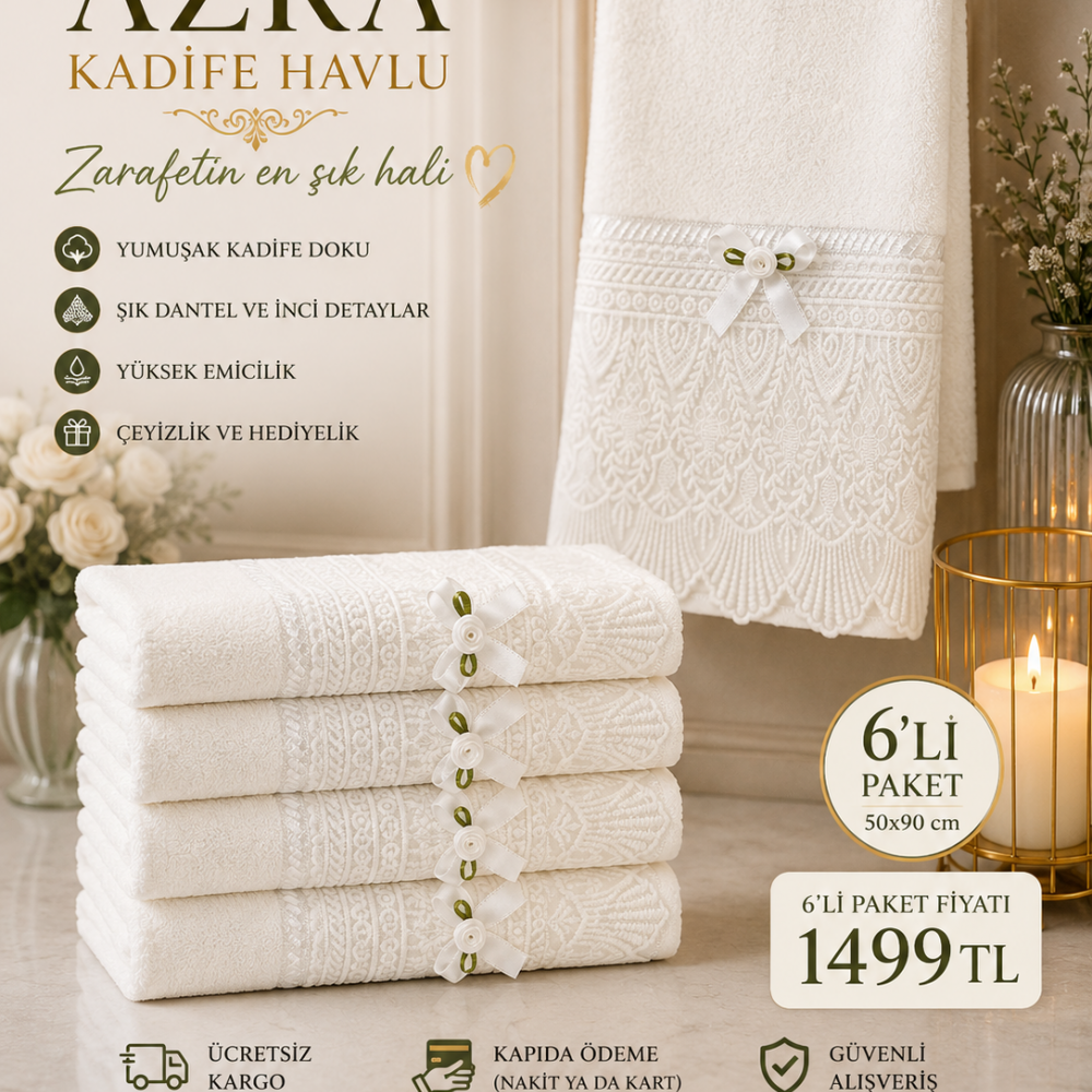 Azra Kadife Havlu 6lı Paket 50x90 cm