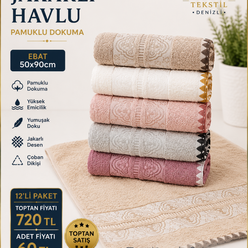 Dekoratif Jakarlı Havlu 50x90 12li Paket