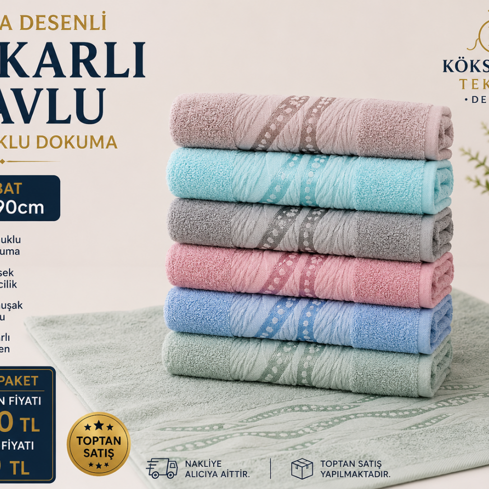 Dalga Desenli Jakarlı Havlu 50x90 12li Paket