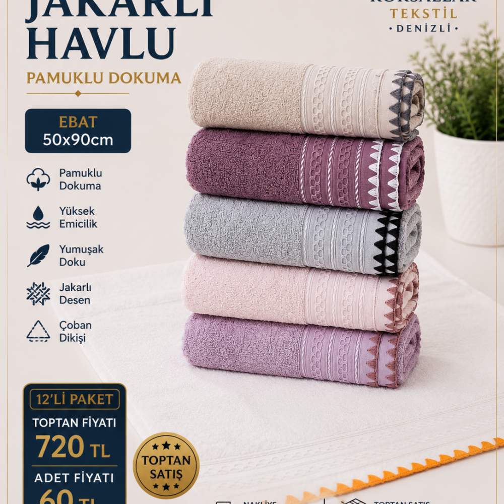 Zincir Desen Jakarlı Havlu 50x90 12li Paket