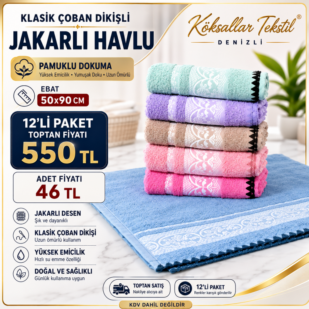 Klasik Çoban Dikişli Jakarlı Havlu 50x90 12li Paket
