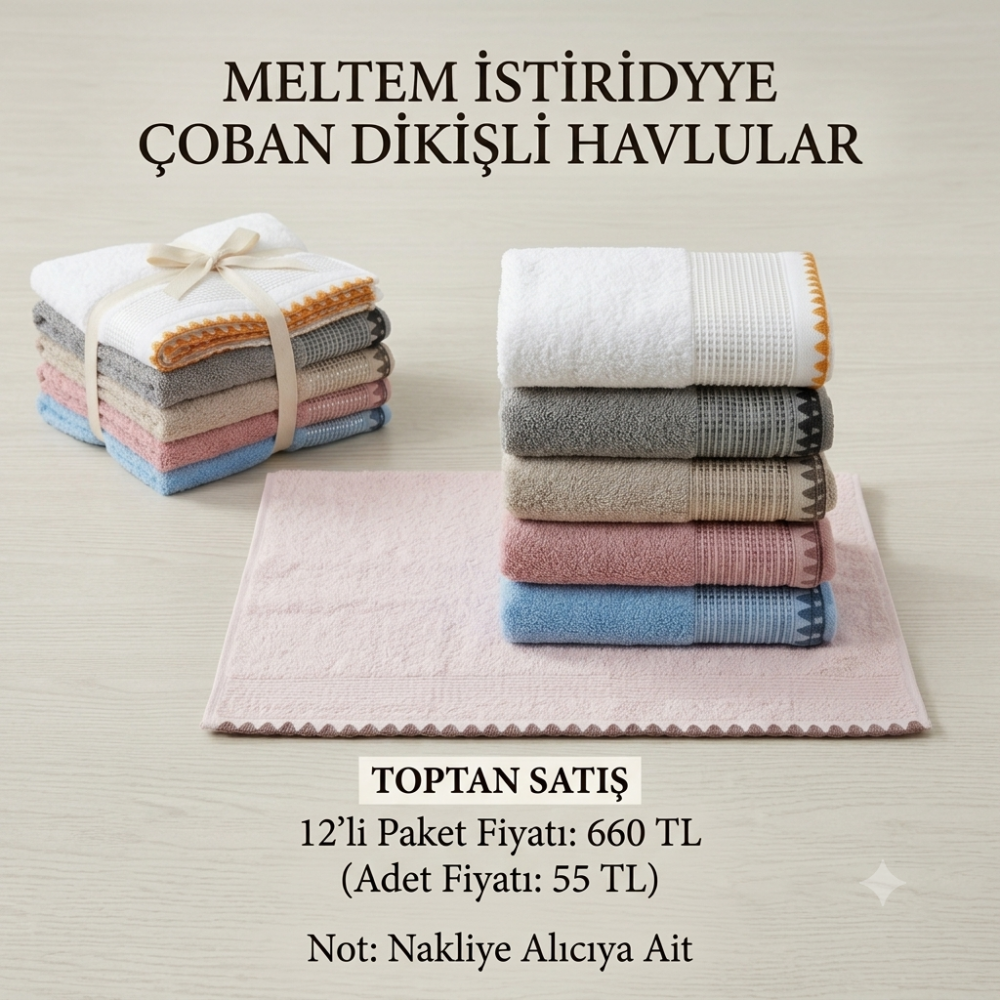 Meltem İstiridye Çoban Dikişli Havlu 50x90 12li Paket