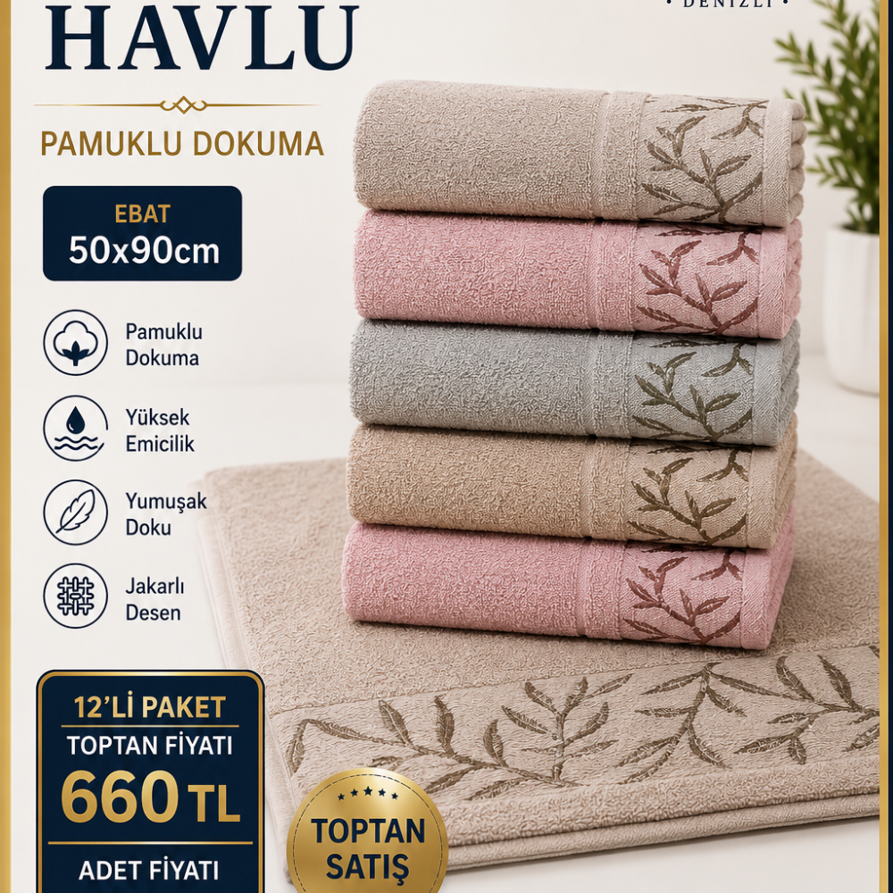 Defne Ağaç Desenli Havlu 50x90 12li Paket