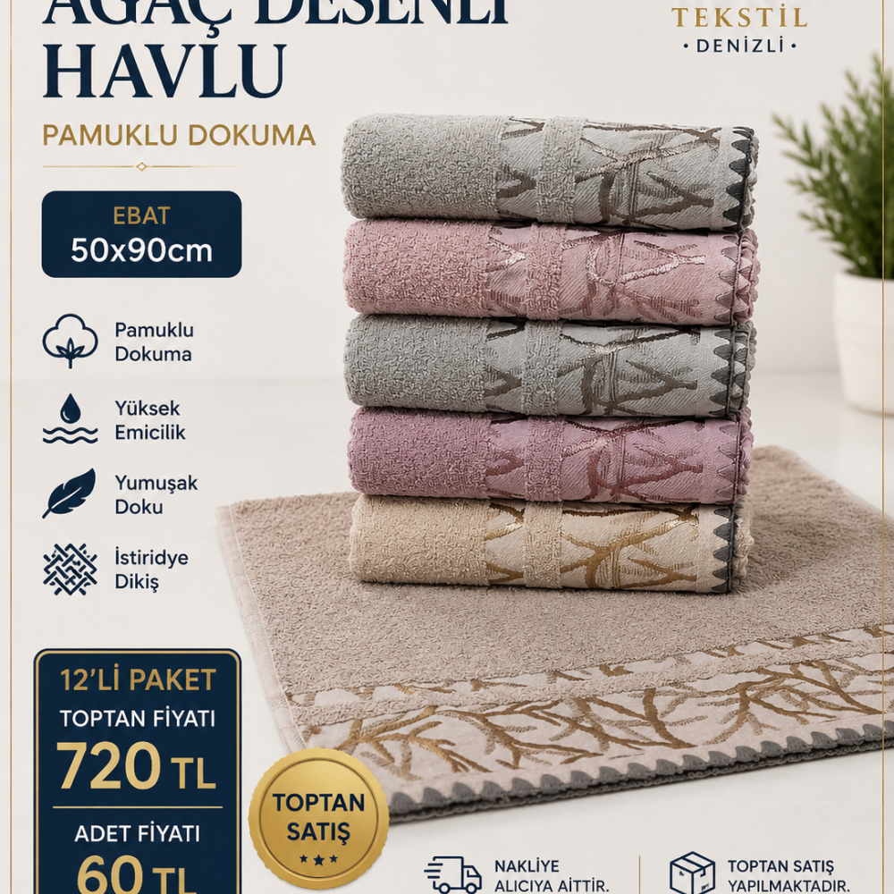 İstiridye Dikişli Ağaç Desenli Havlu 50x90 12li Paket