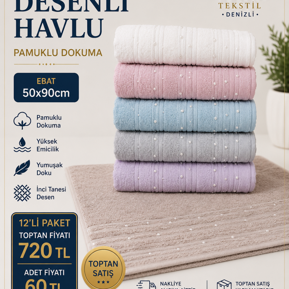 İnci Tanesi Desenli Havlu 50x90 12li Paket