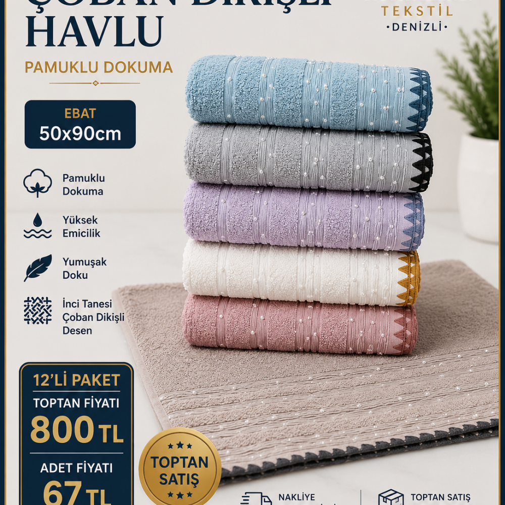 İnci Tanesi Çoban Dikişli Havlu 50x90 12li Paket