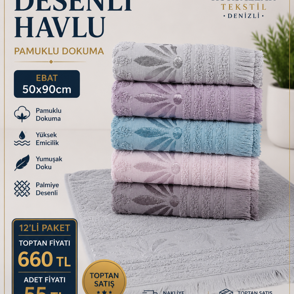 Palmiye Desenli Havlu 50x90 12li Paket