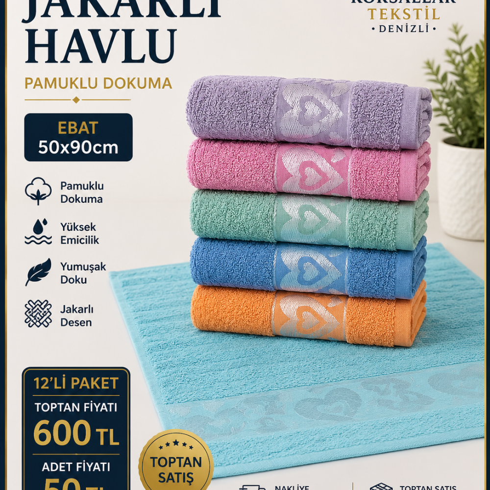 Kalpli Desenli Jakarlı Havlu 50x90 12li Paket