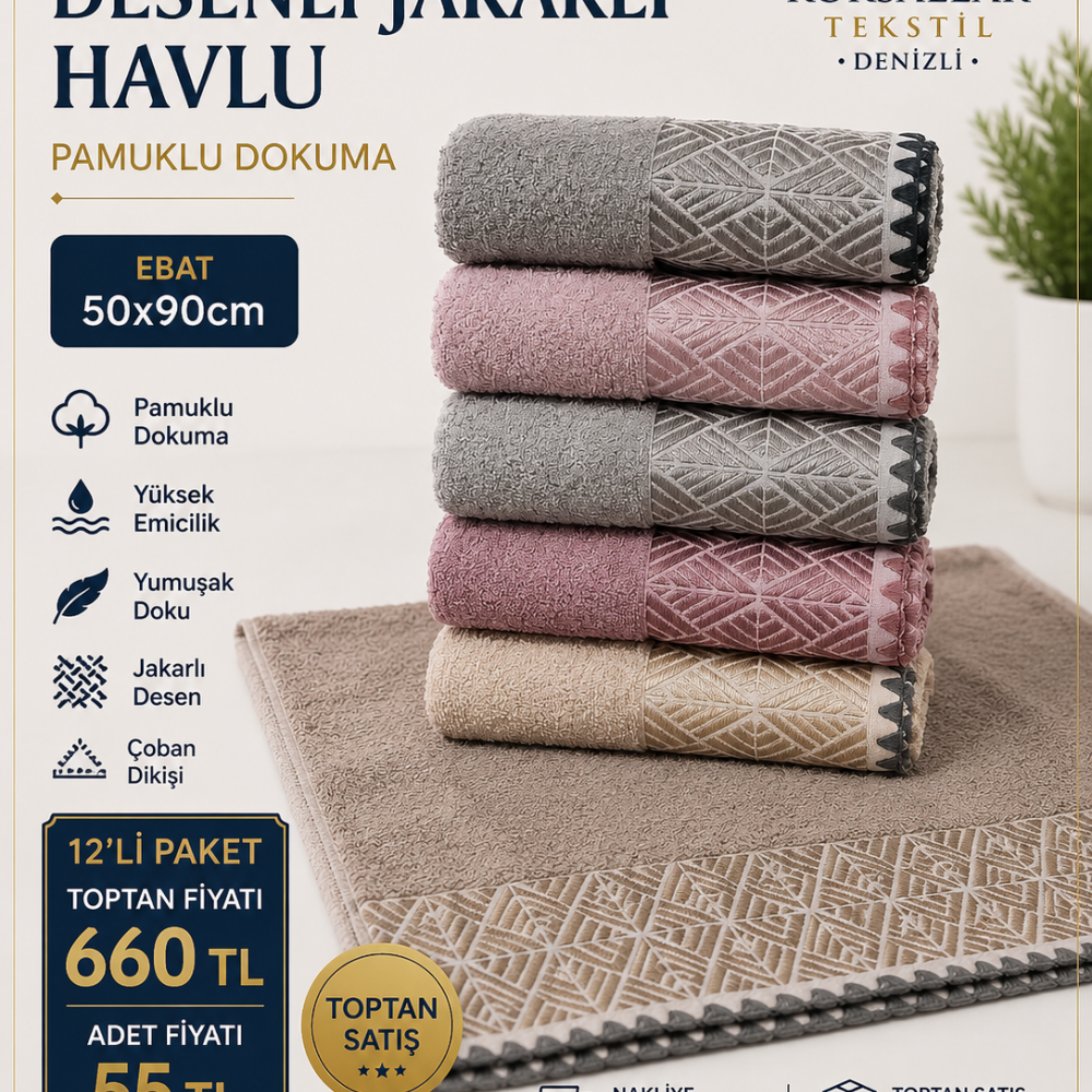 Soft Towel Desenli Jakarlı Havlu 50x90 12li Paket