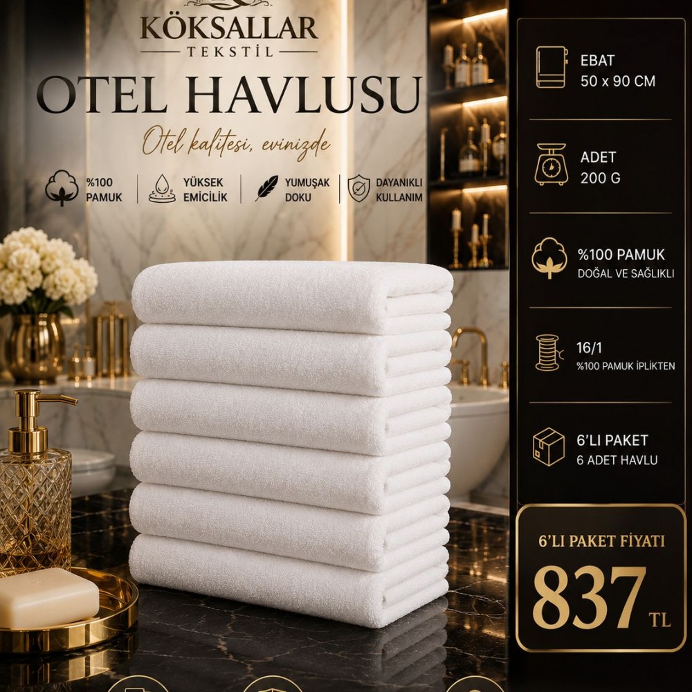 Otel Havlusu 50x90 cm Open End 6'lı Paket